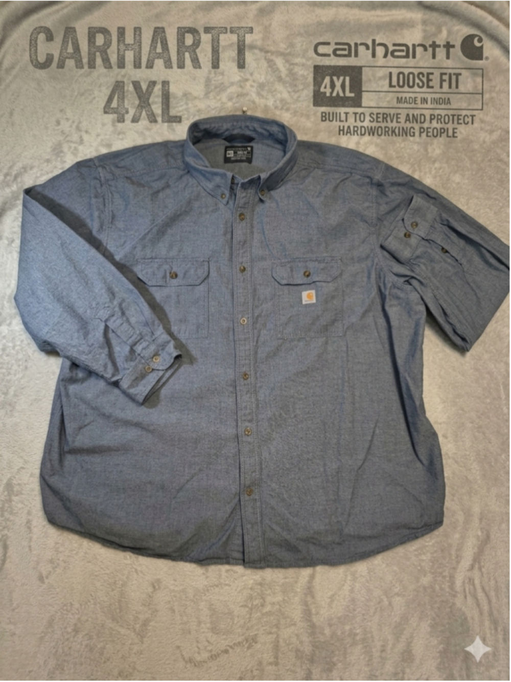Carhartt Men's 4XL Loose Fit Long Sleeve Chambray Button Down Shirt Blue